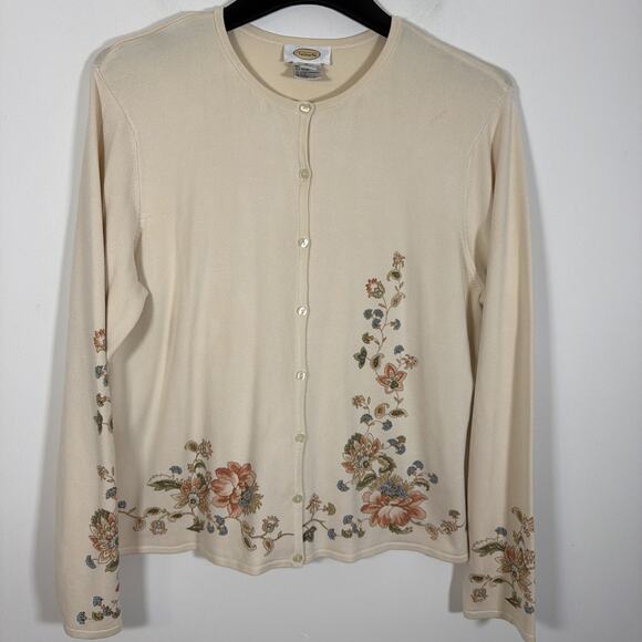 Talbots Silk Button Up Knit Cardigan Size XL Floral Cream Ivory Cottage Vintage - Picture 2 of 8